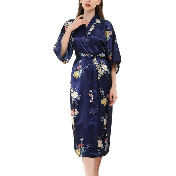 Defitshape Women's Long Robe Floral Printed Satin Pajamas Lightweight Cool Summer House Medium Slim Fit Fall Wrap Bathrobe Loungewear Navy Small-Large