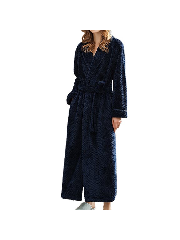 Women's Long Robe Fuzzy Plush Full Length Pockets Belted Spa Bath Robes Fleece Winter Warm Navy X-Large