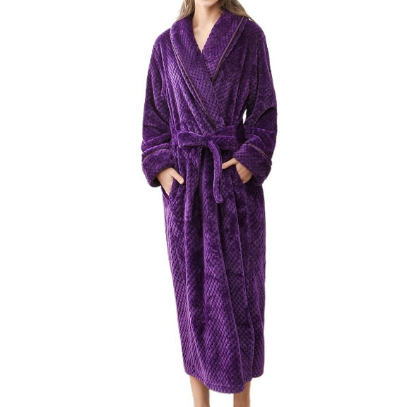 Defitshape Women's Long Robe Fuzzy Plush Full Length Pockets Belted Spa Bath Robes Fleece Winter Warm Purple Large