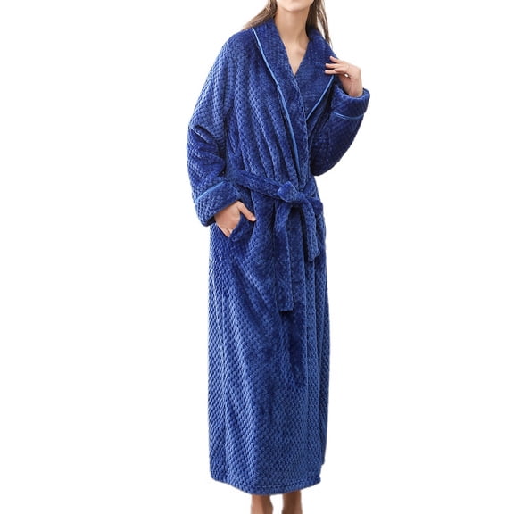 Defitshape Women's Long Robe Fuzzy Plush Full Length Pockets Belted Spa Bath Robes Fleece Winter Warm Royal Blue Large