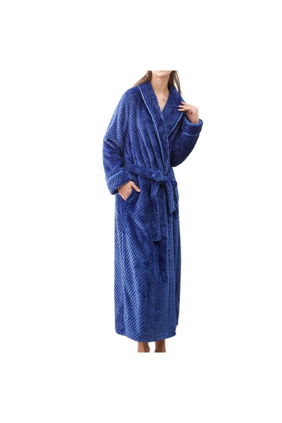 Women's Long Robe Fuzzy Plush Full Length Pockets Belted Spa Bath Robes Fleece Winter Warm Royal Blue Large