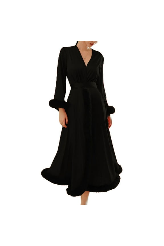 Women's Long Robe Satin Luxury Faux Fur Trim Bridal Robes Silk Bathrobe Summer Long Sleeve Bridesmaid Sleepwear Black Large