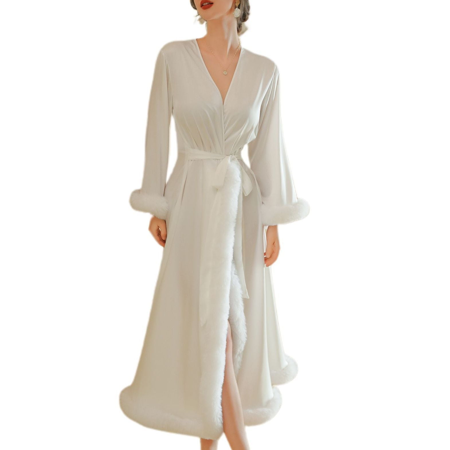 Women's White Satin Bridal Robe – Long Sleeve With Pearl Tulle, Floor Length, Belted, For Wedding Party & Photos