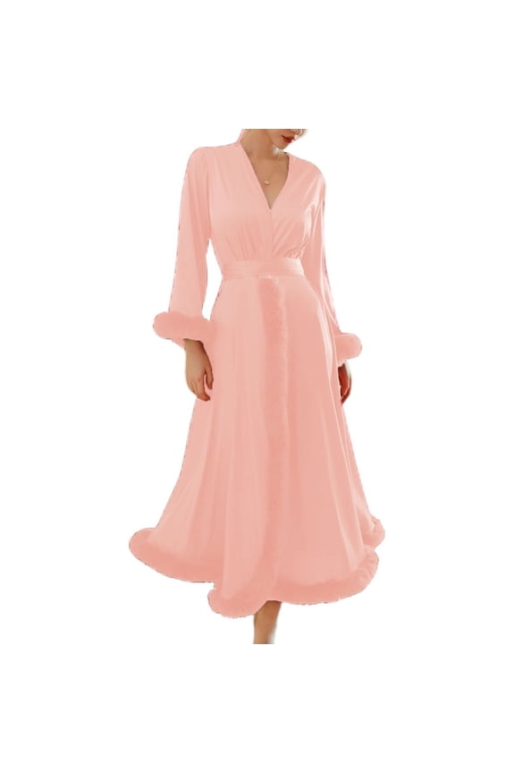 Women's Long Robe Satin Luxury Faux Fur Trim Bridal Robes Silk Bathrobe Summer Long Sleeve Bridesmaid Sleepwear Pink Medium