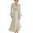 thumbnail image 1 of Defitshape Women's Long Robe Satin Luxury Faux Fur Trim Bridal Robes Silk Bathrobe Summer Long Sleeve Bridesmaid Sleepwear White Medium, 1 of 4