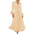 thumbnail image 1 of Defitshape Women's Long Robe Satin Luxury Faux Fur Trim Bridal Robes Silk Bathrobe Summer Long Sleeve Bridesmaid Sleepwear champagne Large, 1 of 1