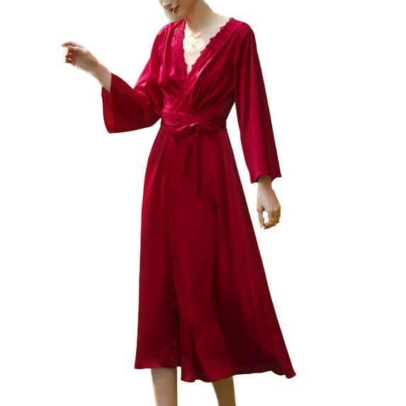 Defitshape Women's Long Satin Robe Luxury Silk Robes Lace V Neck Quarter Sleeve Summer Cut Out Backless Loungewear Soft Vintage Bridesmaid Party Bridal Bathobe Burgundy Small