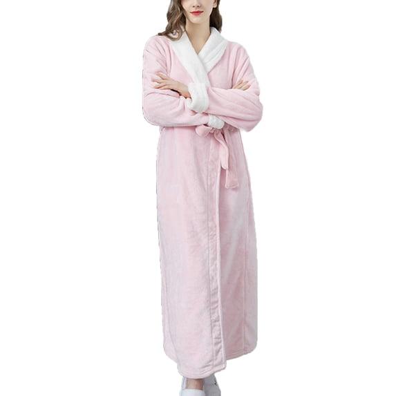 Defitshape Women's Long Sleeve Bath Robe Long Robes Warm Flannel Cozy Thick Fleece Fall High Waisted Sleepwear Pink Small-Large