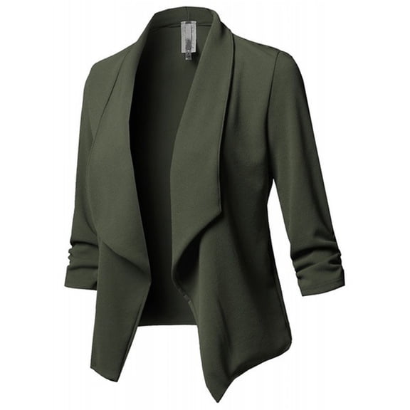 Defitshape Women's Long Sleeve Blazer Suit Flowy Slim Fit Spring Work Ruched Fall Top Classic Casual Fashion Draped Neck Short Blazer Jacket Green Small