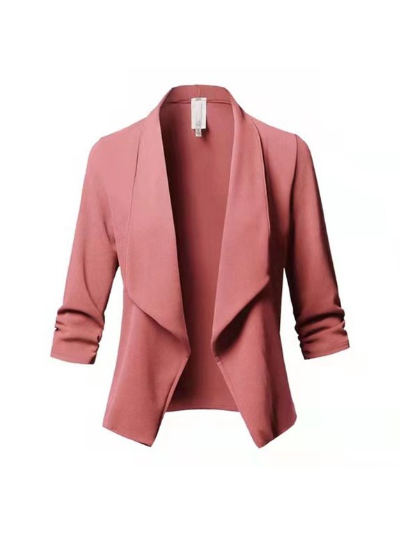 Women's Long Sleeve Blazer Suit Flowy Slim Fit Spring Work Ruched Fall Top Classic Casual Fashion Draped Neck Short Blazer Jacket Pink XX-Large