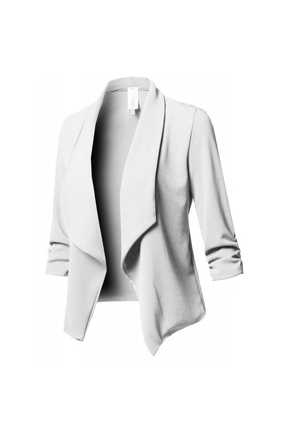 Women's Long Sleeve Blazer Suit Flowy Slim Fit Spring Work Ruched Fall Top Classic Casual Fashion Draped Neck Short Blazer Jacket White Large