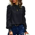 thumbnail image 1 of Defitshape Women's Long Sleeve Blouse High Neck Fall Spring Shirt Pleated Mock Neck Casual Sheer Loose Fashion Pleated Tops Black Medium, 1 of 4