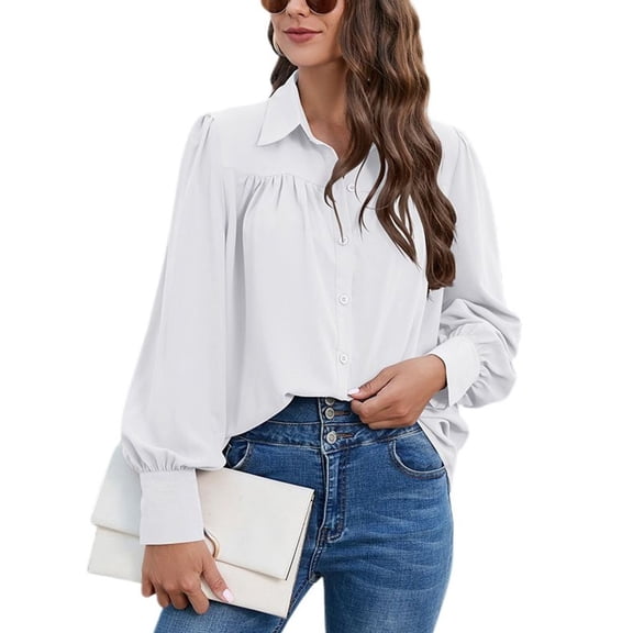Defitshape Women's Long Sleeve Blouses Soft Bishop Sleeve Button Up Shirt Fall Flowy Ruched Top Loose Lantern Sleeve Casual Work Dressy Shirt White Large
