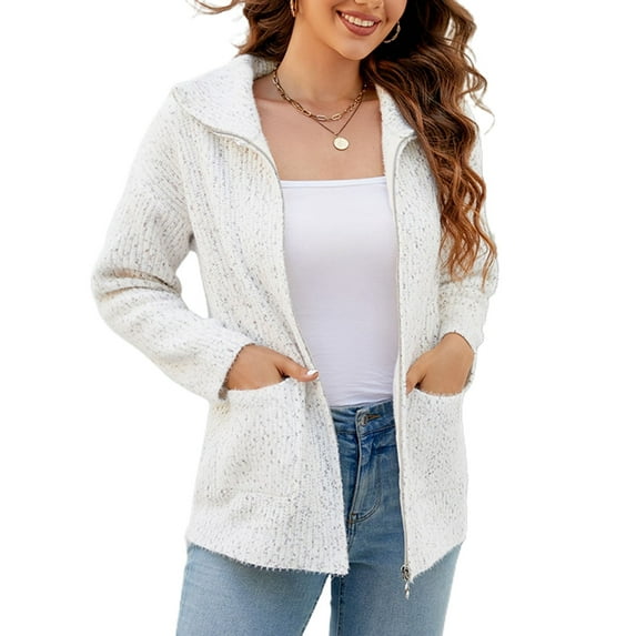 Defitshape Women's Long Sleeve Cardigan Sweater Fall Knit Thick High Neck Winter Zip Full Zip Spring Drop Shoulder Beige Large
