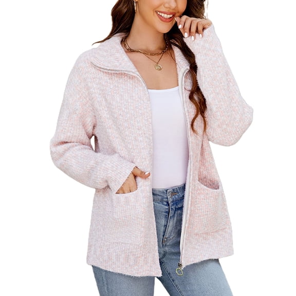 Defitshape Women's Long Sleeve Cardigan Sweater Fall Knit Thick High Neck Winter Zip Full Zip Spring Drop Shoulder Pink Large