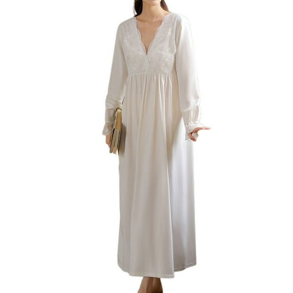 Defitshape Women's Long Sleeve Cotton Nightgown Ladies Billowy Long Victorian Pajama Dress Spring Fall Princess Vintage Sleepwear Soft Lace Old Fashioned Bishop Sleeve V Neck Sleep Shirt White Medium