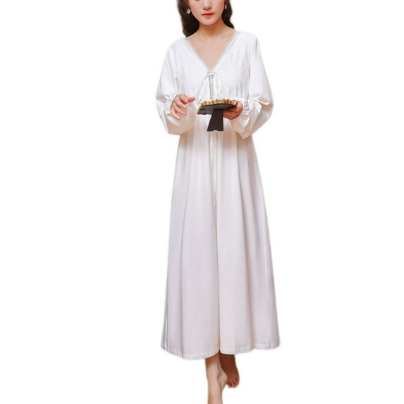 Defitshape Women's Long Sleeve Cotton Nightgown Long Victorian Sleep Dress Vintage Backless Pajama Shirt Comfy Lightweight Loungewear White X-Small