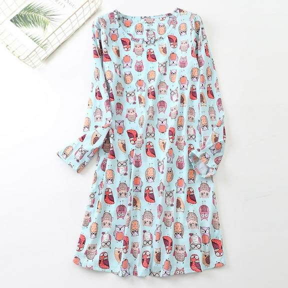 Defitshape Women's Long Sleeve Cotton Nightgown Summer Fall Cute Short Sleep Shirt Soft Pajama Nightshirt Lightweight Pjs Cartoon Sleepwear Patterned7 Blue Owl X-Large