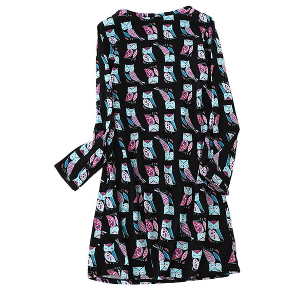 Defitshape Women's Long Sleeve Cotton Nightgown Summer Fall Cute Short Sleep Shirt Soft Pajama Nightshirt Lightweight Pjs Cartoon Sleepwear Patterned5 Black Owl Medium