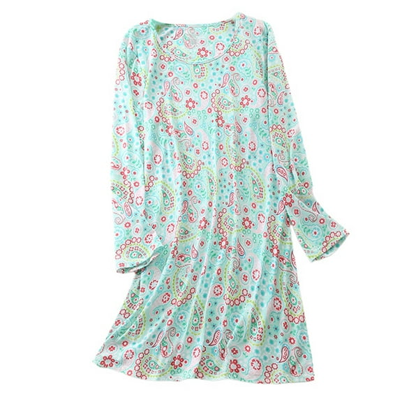 Defitshape Women's Long Sleeve Cotton Nightgown Summer Fall Cute Short Sleep Shirt Soft Pajama Nightshirt Lightweight Pjs Cartoon Sleepwear Patterned8 Neon Blue X-Large