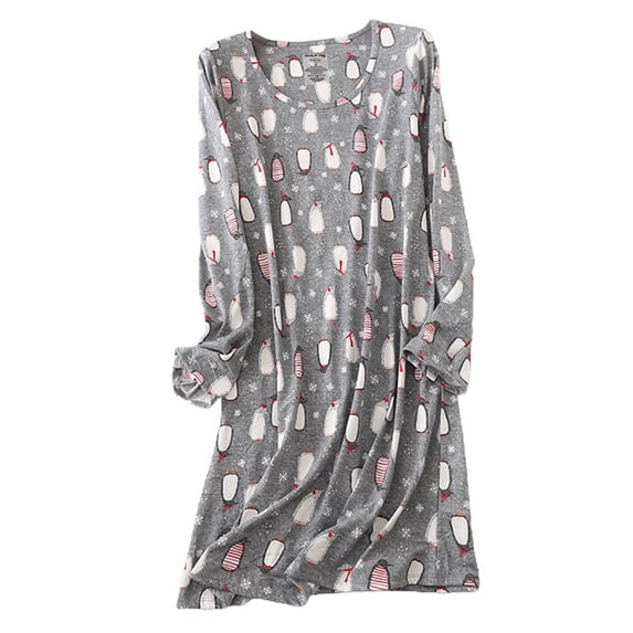 Defitshape Women's Long Sleeve Cotton Nightgown Summer Fall Cute Short Sleep Shirt Soft Pajama Nightshirt Lightweight Pjs Cartoon Sleepwear Patterned9 Grey Penguin X-Large