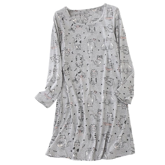 Defitshape Women's Long Sleeve Cotton Nightgown Summer Fall Cute Short Sleep Shirt Soft Pajama Nightshirt Lightweight Pjs Cartoon Sleepwear Patterned2 Grey Cat Kitty Small
