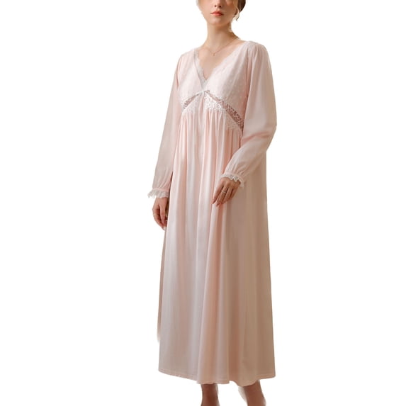 Defitshape Women's Long Sleeve Cotton Victorian Nightgown Soft Comfy Princess Vintage High Waisted Ruched Lace Ruffle Sleepwear Fall Long Sleep Dress Pink Medium