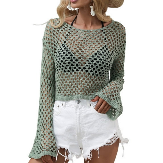 Defitshape Women's Long Sleeve Crochet Cover Up Shirt Short Knitwear Boat Neck Bell Sleeve See Through Fishnet Cutout Beach Summer Net Knit Crop Top Green Medium