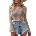thumbnail image 1 of Defitshape Women's Long Sleeve Crochet Cover Up Shirt Short Knitwear Boat Neck Bell Sleeve See Through Fishnet Cutout Beach Summer Net Knit Crop Top Khaki Small, 1 of 4