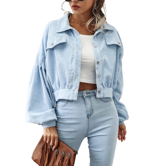 Defitshape Women's Long Sleeve Crop Jacket Soft JacketsTravel Corduroy Fashion Button Drop Shoulder Outerwear Light Blue Large