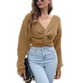 thumbnail image 1 of Defitshape Women's Long Sleeve Crop Top Knit Sweater Waffle Knit Sweater Lightweight Loose V Neck Twist Front Tie Knot Pullover Sweaters Khaki Large, 1 of 4