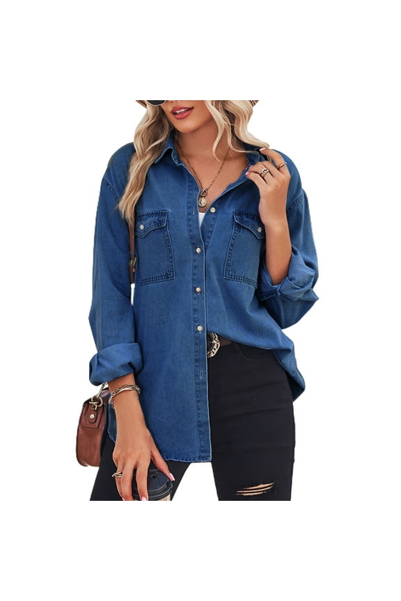 Women's Long Sleeve Denim Button Down Shirt Top Soft Shirt Western Button Up Casual Split Spring Outerwear Dark Blue Large