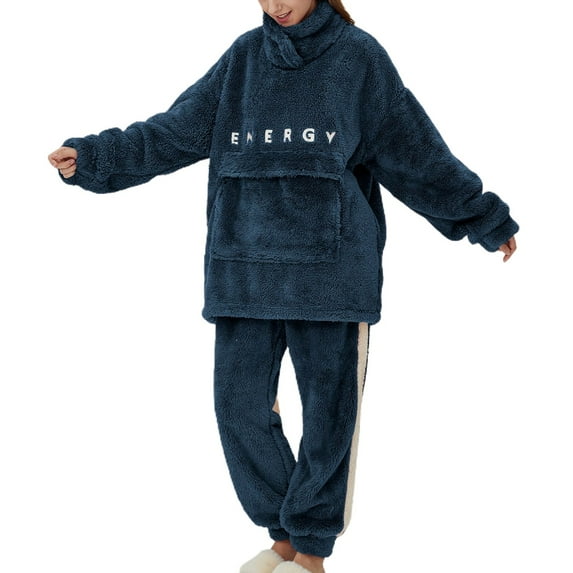 Defitshape Women's Long Sleeve Fuzzy Pajamas Cute Heavy Flannel Baggy Pjs 2 Piece Lounge Outfit Thick Fleece Extra Warm Sweatsuit Cozy Loungewear Fluffy Winter Pj Set Navy Medium
