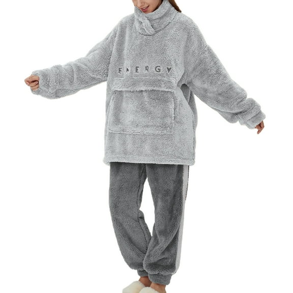 Defitshape Women's Long Sleeve Fuzzy Pajamas Cute Heavy Flannel Baggy Pjs 2 Piece Lounge Outfit Thick Fleece Extra Warm Sweatsuit Cozy Loungewear Fluffy Winter Pj Set Grey Small-Medium