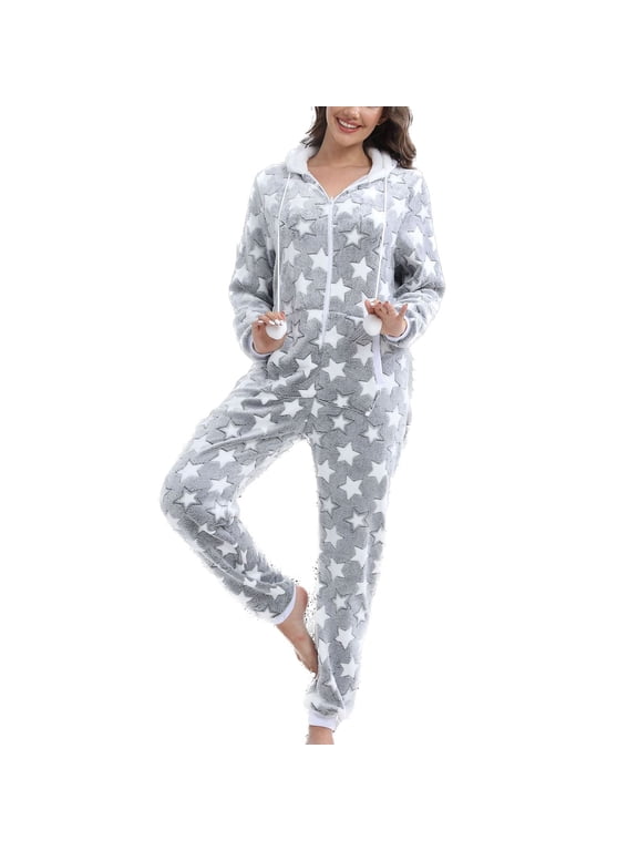 Women's Long Sleeve Hooded Onesie Pajama Fuzzy Fleece Cute Winter Warm Full Zip Adult Onesies Fall Pocket Ribbed Cuffs Footless Cozy One Piece Sleepwear w/ Hood Grey XX-Large