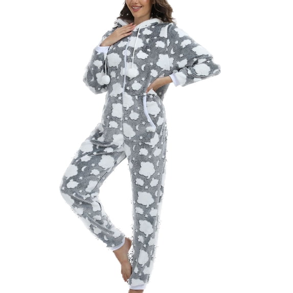 Defitshape Women's Long Sleeve Hooded Onesie Pajama Fuzzy Fleece Cute Winter Warm Full Zip Adult Onesies Fall Pocket Ribbed Cuffs Footless Cozy One Piece Sleepwear w/ Hood Dark Grey Large