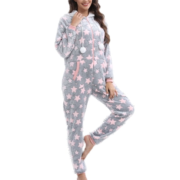 Defitshape Women's Long Sleeve Hooded Onesie Pajama Fuzzy Fleece Cute Winter Warm Full Zip Adult Onesies Fall Pocket Ribbed Cuffs Footless Cozy One Piece Sleepwear w/ Hood Light Pink XX-Large