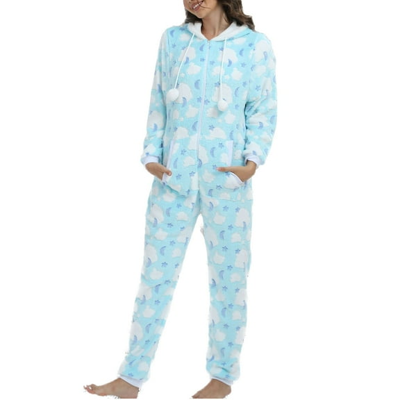 Defitshape Women's Long Sleeve Hooded Onesie Pajama Fuzzy Fleece Cute Winter Warm Full Zip Adult Onesies Fall Pocket Ribbed Cuffs Footless Cozy One Piece Sleepwear w/ Hood Light Blue XX-Large