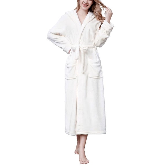 Defitshape Women's Long Sleeve Hooded Robe Long Bathrobe Fleece Fuzzy Winter Warm Luxury Full Length Plush Bath Robe Thick Fall Pocket Soft Hood Robes White Small-X-Large