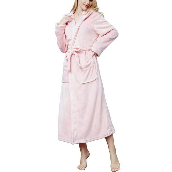 Defitshape Women's Long Sleeve Hooded Robe Long Bathrobe Fleece Fuzzy Winter Warm Luxury Full Length Plush Bath Robe Thick Fall Pocket Soft Hood Robes Pink Small-X-Large