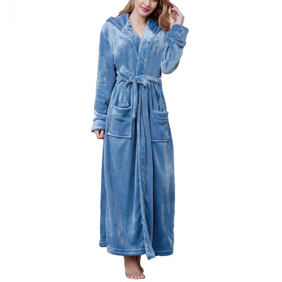 Defitshape Women's Long Sleeve Hooded Robe Long Bathrobe Fleece Fuzzy Winter Warm Luxury Full Length Plush Bath Robe Thick Fall Pocket Soft Hood Robes Blue Small-X-Large