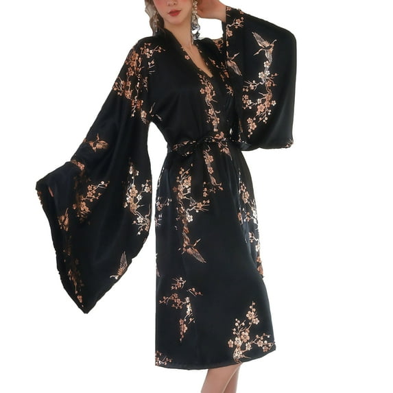 Defitshape Women's Long Sleeve Kimono Robe Luxury Silk Robes Vintage Gold Floral Patterned Satin Loungewear Summer Long Bridesmaid Party Bridal Bathrobe Black Small