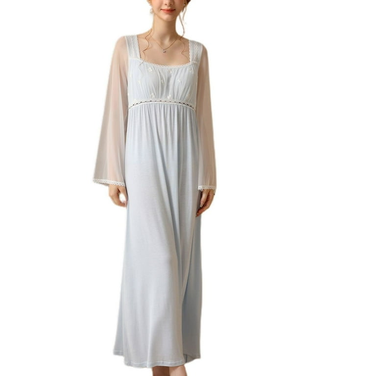 Defitshape Women s Long Sleeve Nightgown Night Gown Princess Pajamas Soft Lace Vintage Summer Mesh Night Dress Lightweight Sleepwear Blue Large Walmart