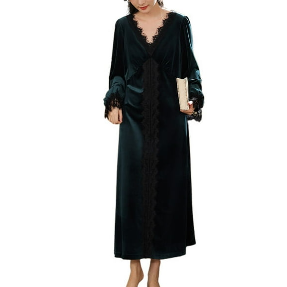 Defitshape Women's Long Sleeve Nightgown Soft Velour Winter Comfy Lace Velvet Sleep Dress V Neck Mid-Length Dark Green X-Large