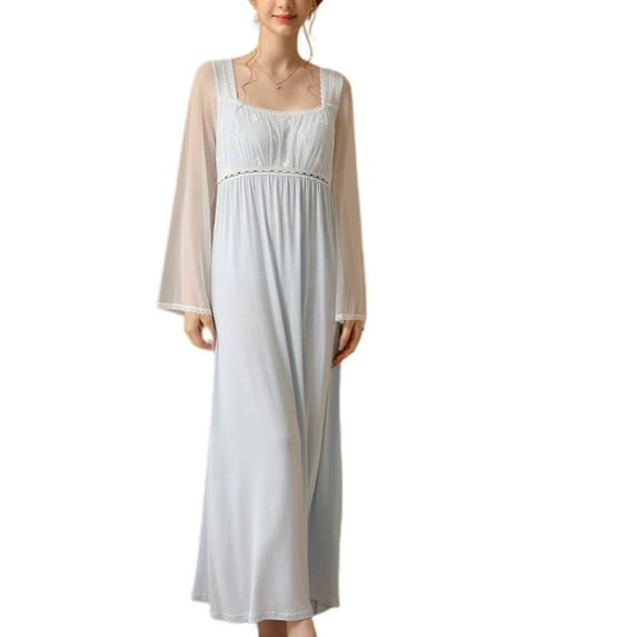Defitshape Women's Long Sleeve Nightgown Soft Vintage Long Princess See Through Victorian Night Gown Sleep Dress Blue Medium