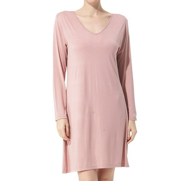 Defitshape Women's Long Sleeve Nightgown V Neck Cotton Blend Sleep Dress Plus Size Nightwear Stretchy Pink Medium