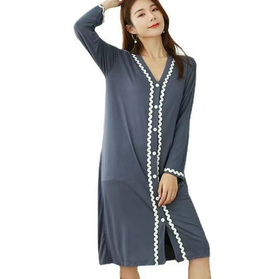 Defitshape Women's Long Sleeve Nightgown V Neck Loungewear Soft Summer Lightweight Modal Cozy Fall Nightshirt Blue X-Large