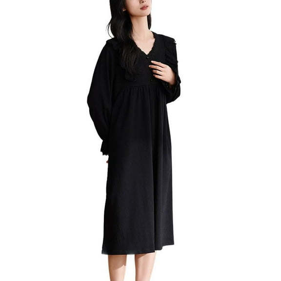 Defitshape Women's Long Sleeve Nightgown Victorian Night Gown V Neck Vintage Sleep Dress Spring Lantern Sleeve Bow Ruffle Sleepwear Style1 X-Small
