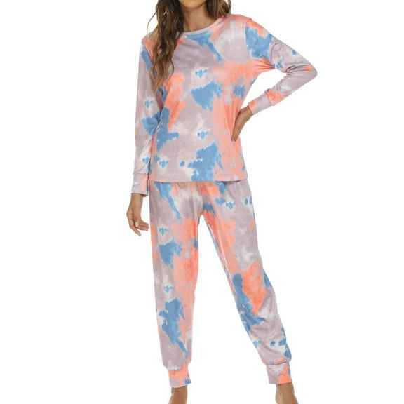 Defitshape Women's Long Sleeve Pajama Set Soft Pant Pajamas Cute Long Tie Dye Printed 2 Piece Fall Spring Sleeping Pjs Blue Small