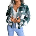 thumbnail image 1 of Defitshape Women's Long Sleeve Plaid Shirt Jacket Soft Flannel Fall Crop Top Vintage Fashion Casual Loose Short Button Down Shacket Green Large, 1 of 5